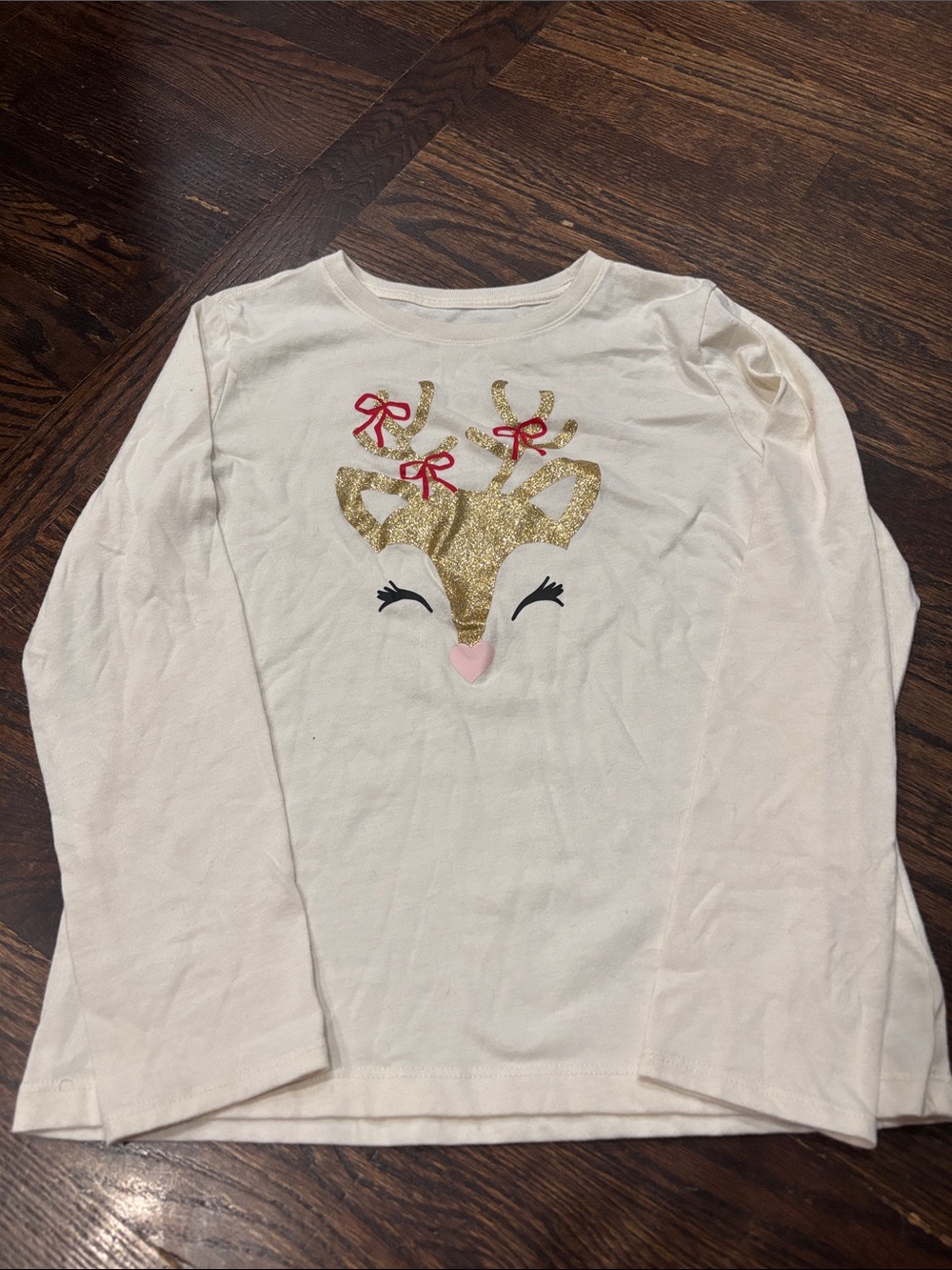 Girls' Cream Long-Sleeve Top with Gold Glitter Reindeer